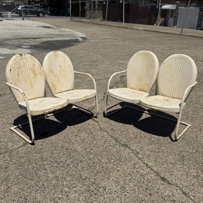 Vintage Art Deco Steel Metal Clam Shell Double Seat Porch Patio Loveseat - Pair