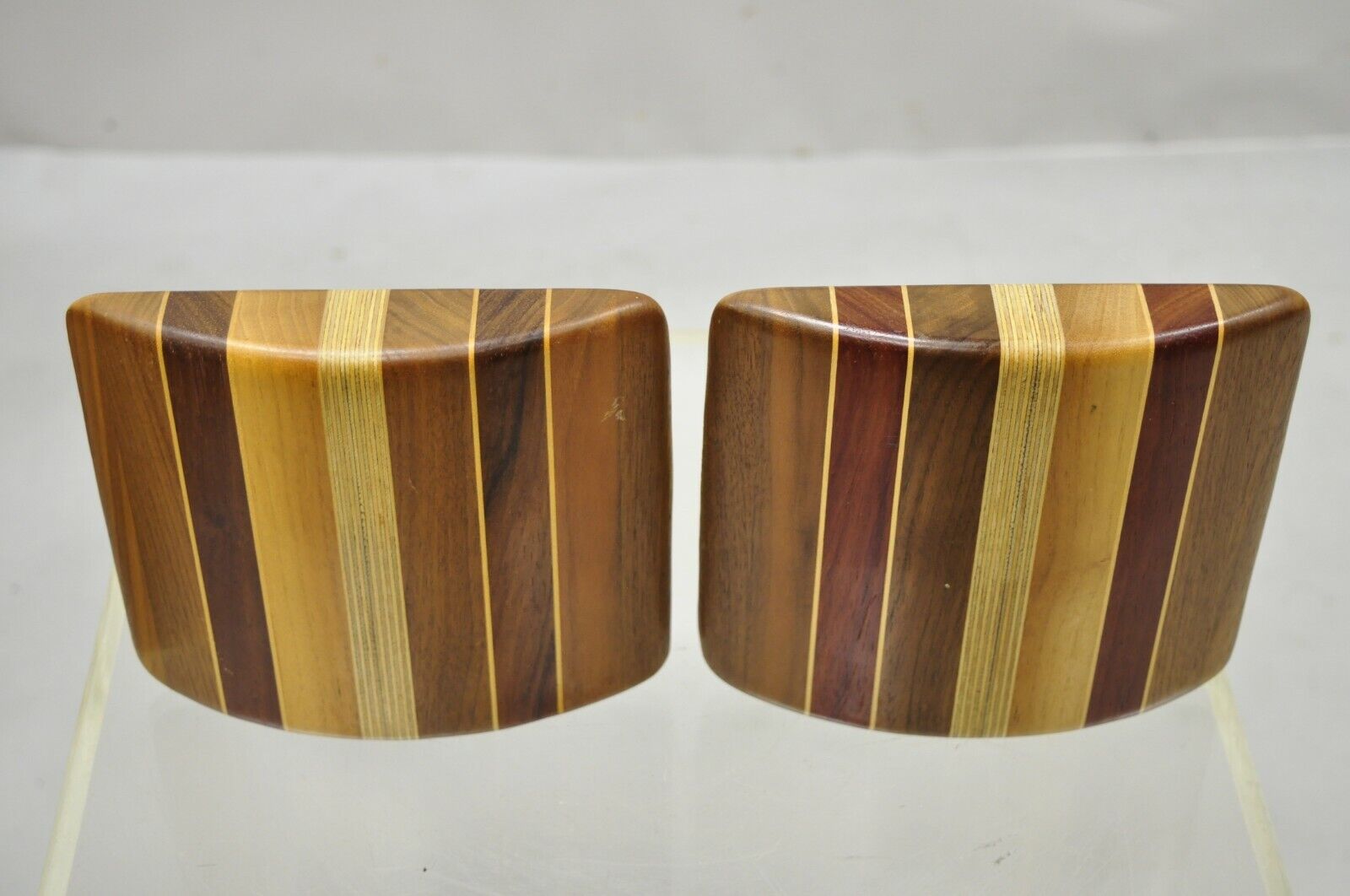 Vintage Mid Century Modern Solid Wood with Inlay Curved Bookends - a Pair