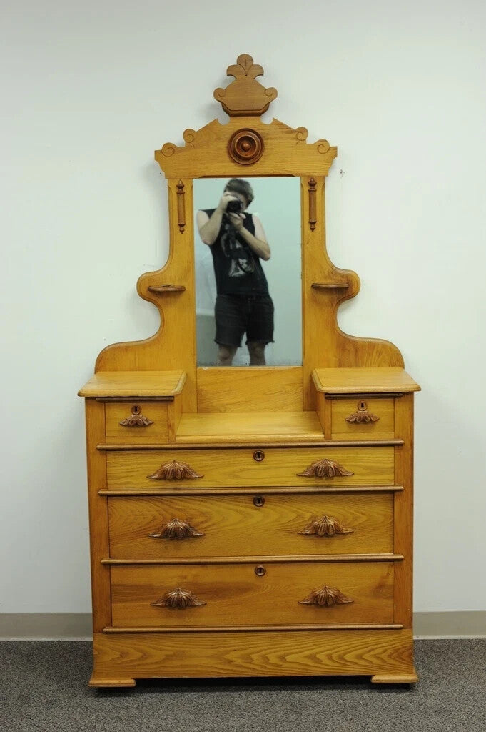 Antique Eastlake Victorian Carved Chestnut Step Down Cottage Dresser w/ Mirror