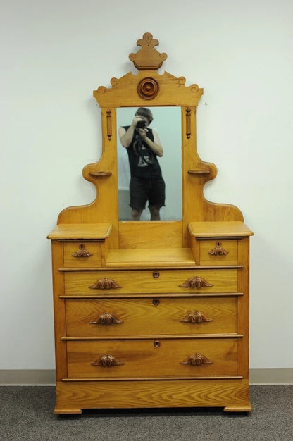 Antique Eastlake Victorian Carved Chestnut Step Down Cottage Dresser w/ Mirror