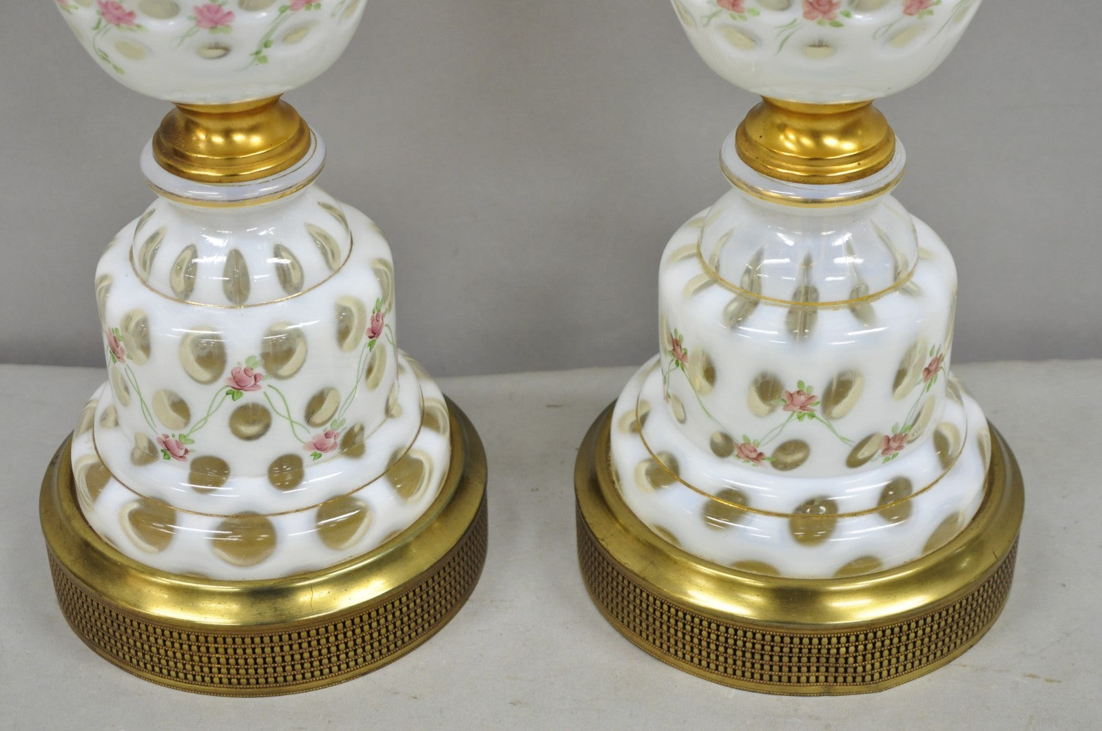 Antique Victorian White Czech Bohemian Rose Pink Painted Table Lamps - a Pair