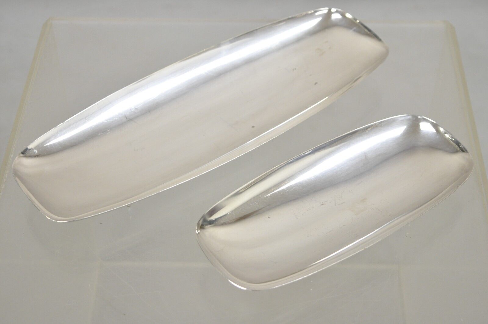 Vintage Mid Century Danish Modern Narrow Silver Plated Footed Dish Tray - 2 Pcs