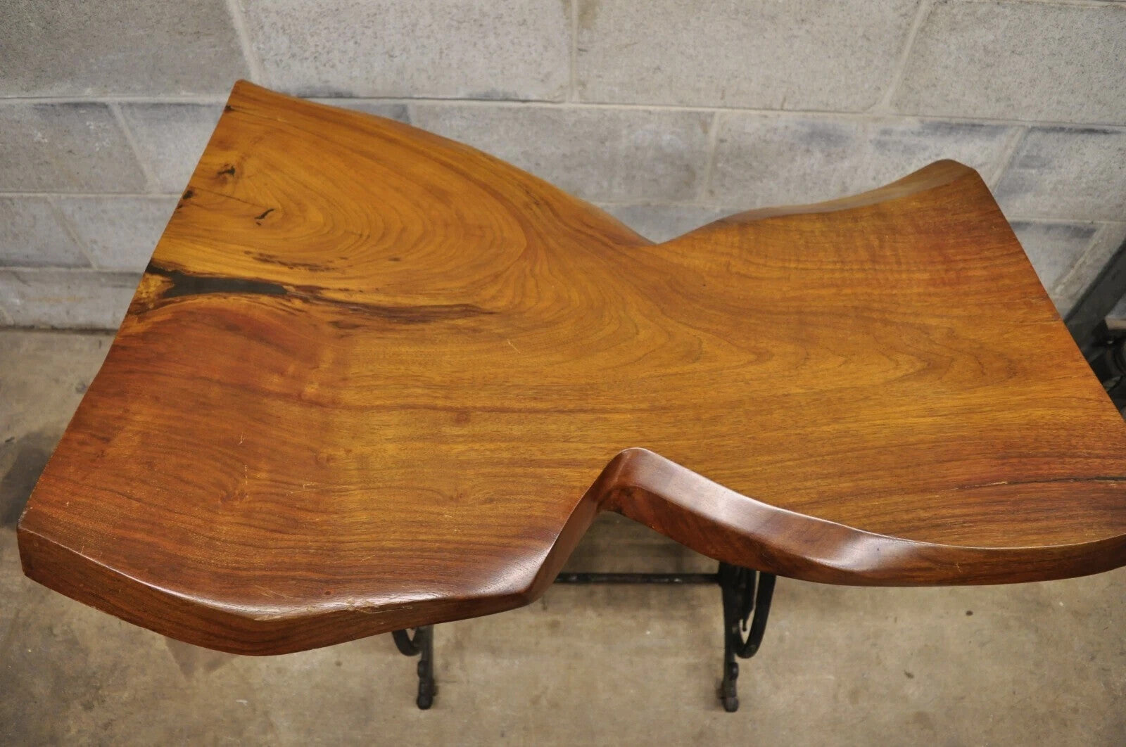 William Herrick Cast Iron Sewing Machine Base Live Edge Walnut Top Console Table
