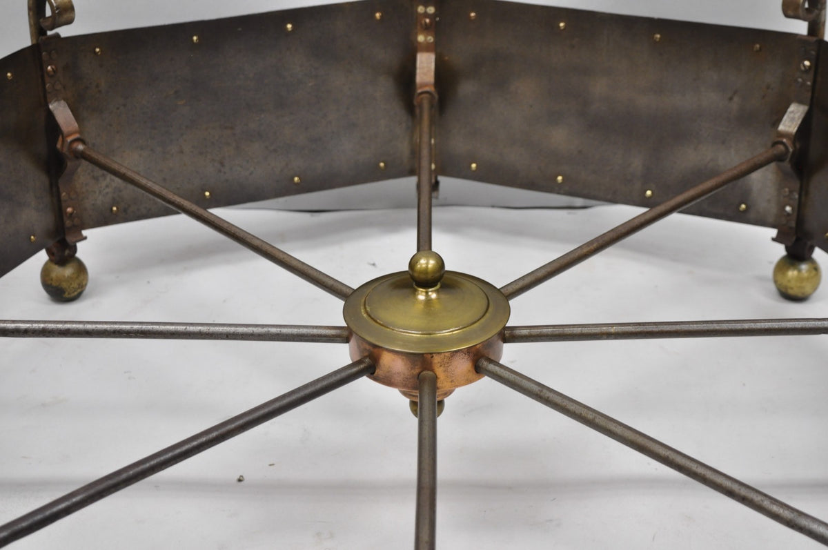 Antique Gothic Spanish Renaissance Steel Brass Octagonal Glass Top Coffee Table