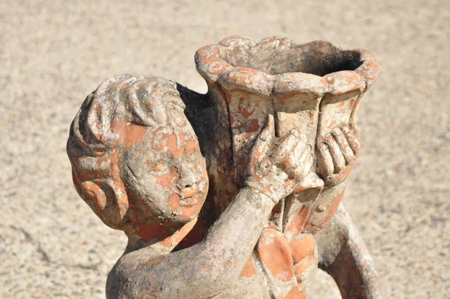 Vintage Cast Terracotta Figural 28" Cherub Putti Garden Planter Pots - a Pair