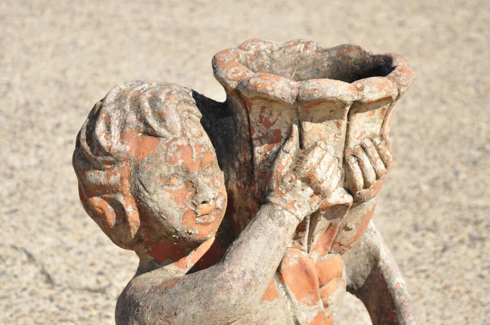 Vintage Cast Terracotta Figural 28" Cherub Putti Garden Planter Pots - a Pair