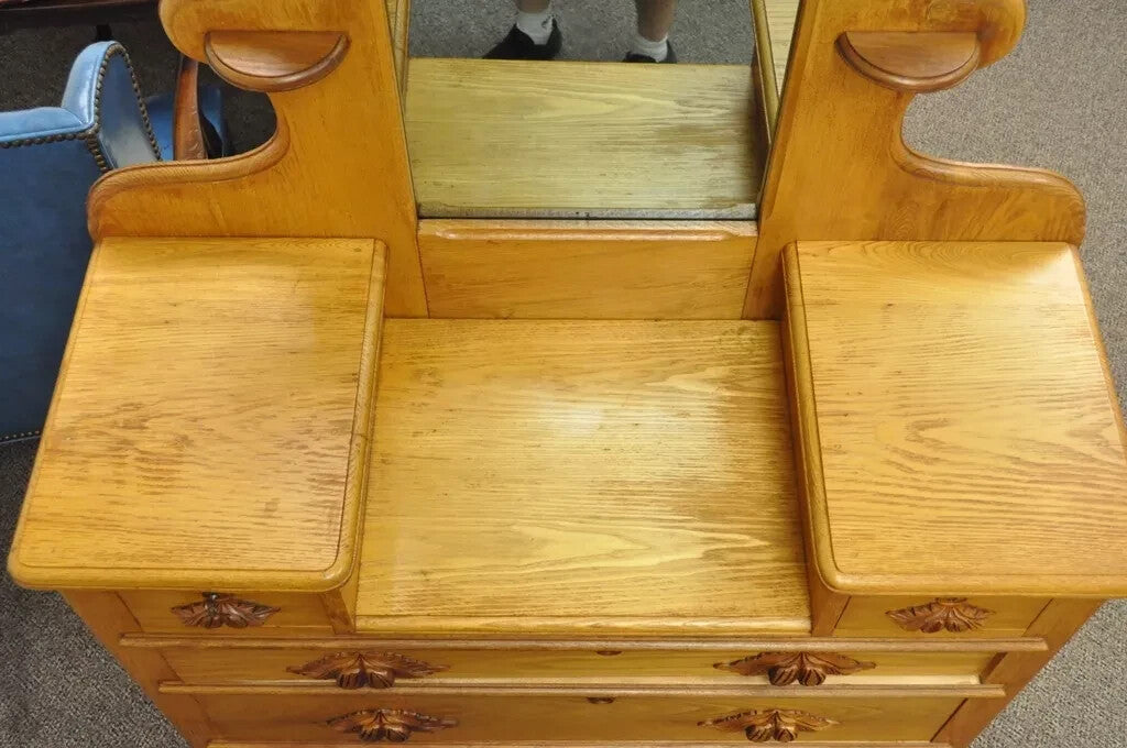 Antique Eastlake Victorian Carved Chestnut Step Down Cottage Dresser w/ Mirror