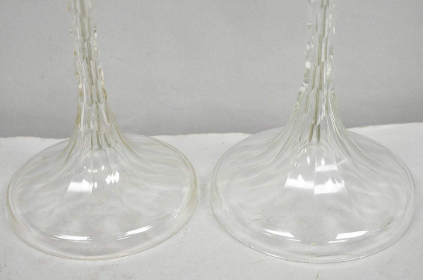 Antique Art Deco Diamond Cut Glass Column Small Petite Boudoir Table Lamps Pair