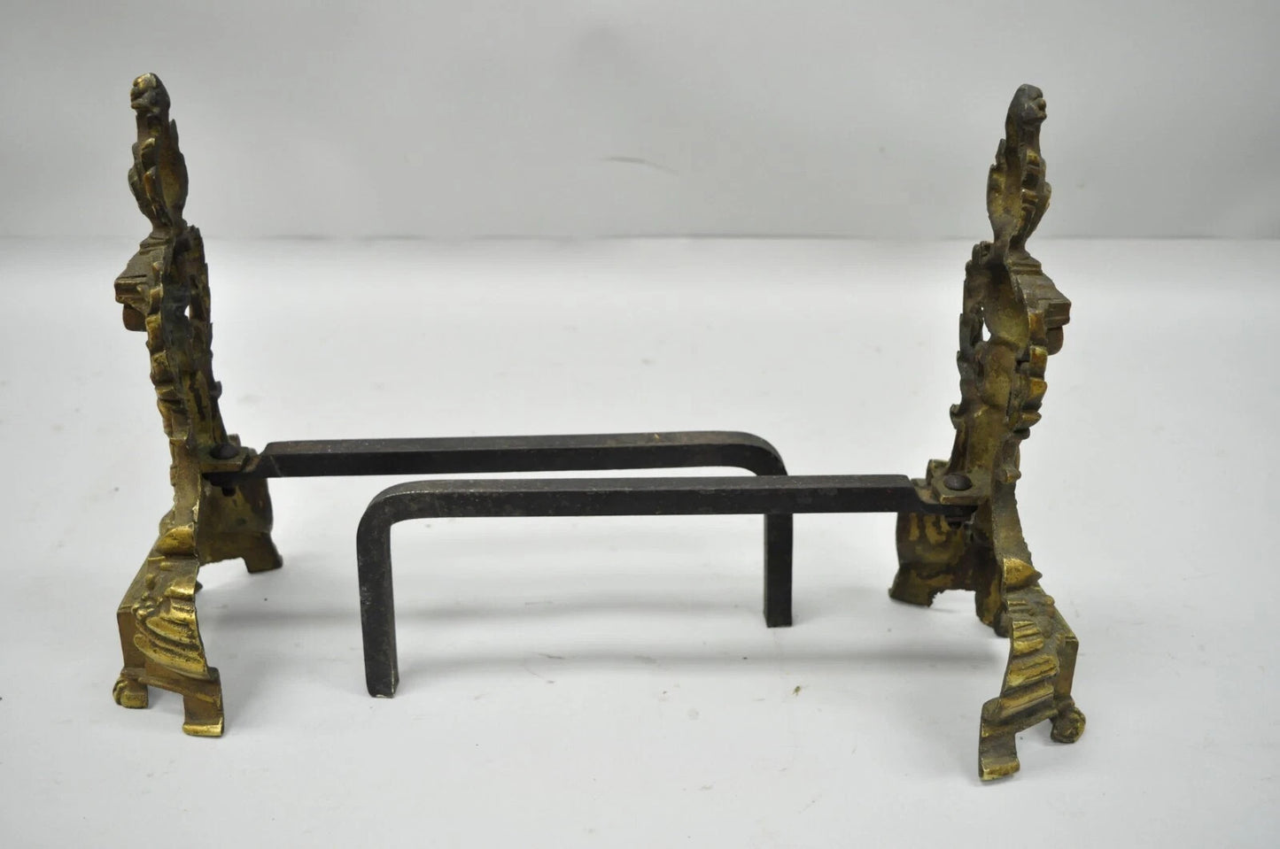 Vintage French Empire Style Brass Column & Flame Finial 13" Andirons - a Pair