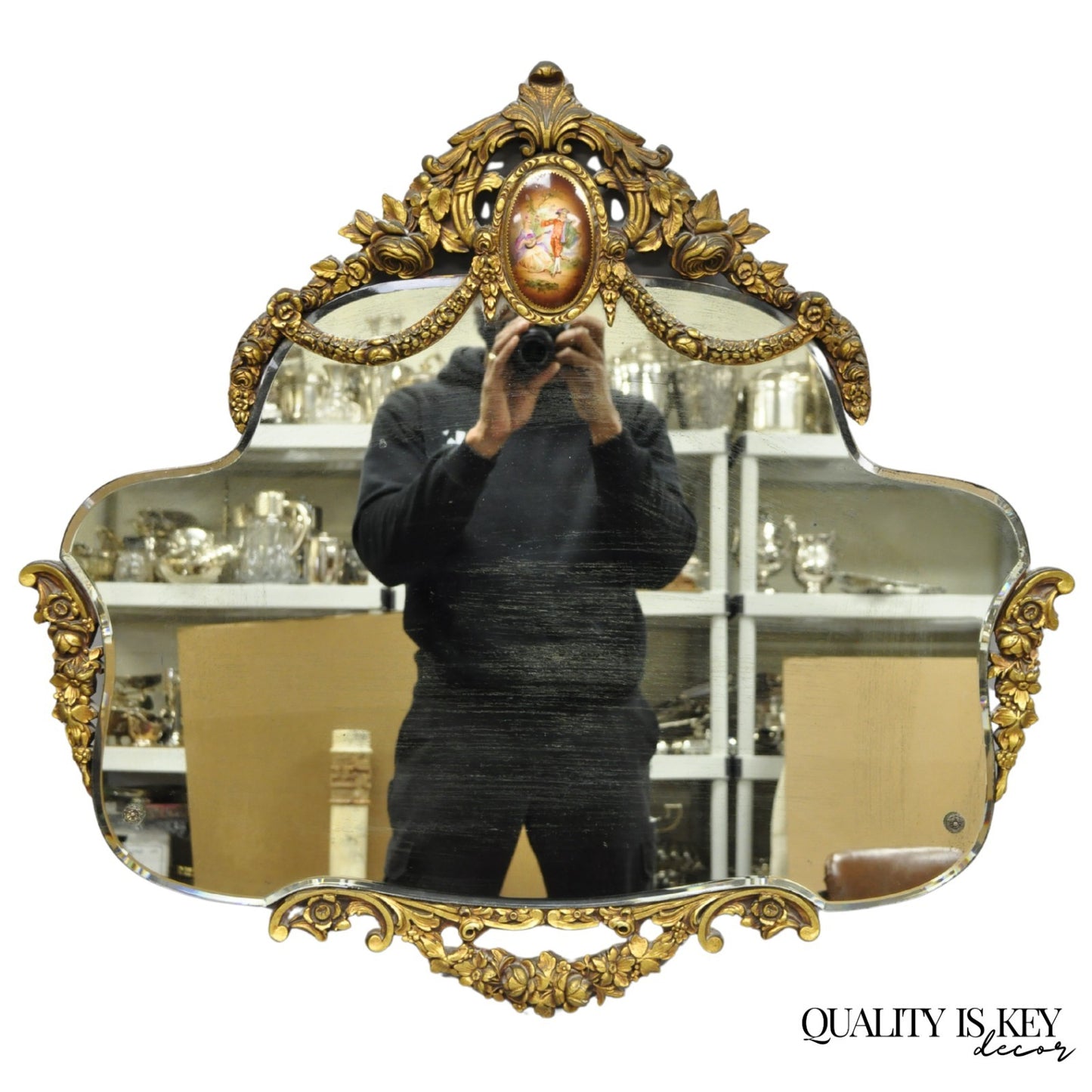 Antique French Rococo Victorian Gold Gilt Wood Frame Cameo Boudoir Wall Mirror