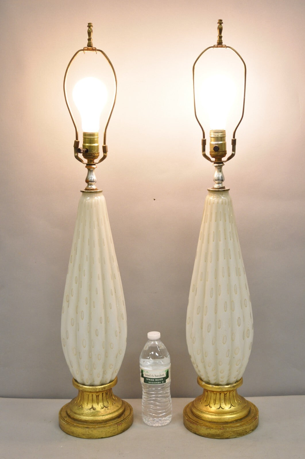 Vintage Mid Century Modern Italian Murano White Blown Glass Table Lamps - a Pair