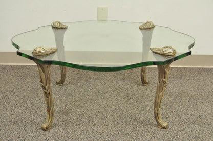 Vintage Hollywood Regency Carved Wood Faux Bois Legs Glass Top Coffee Table