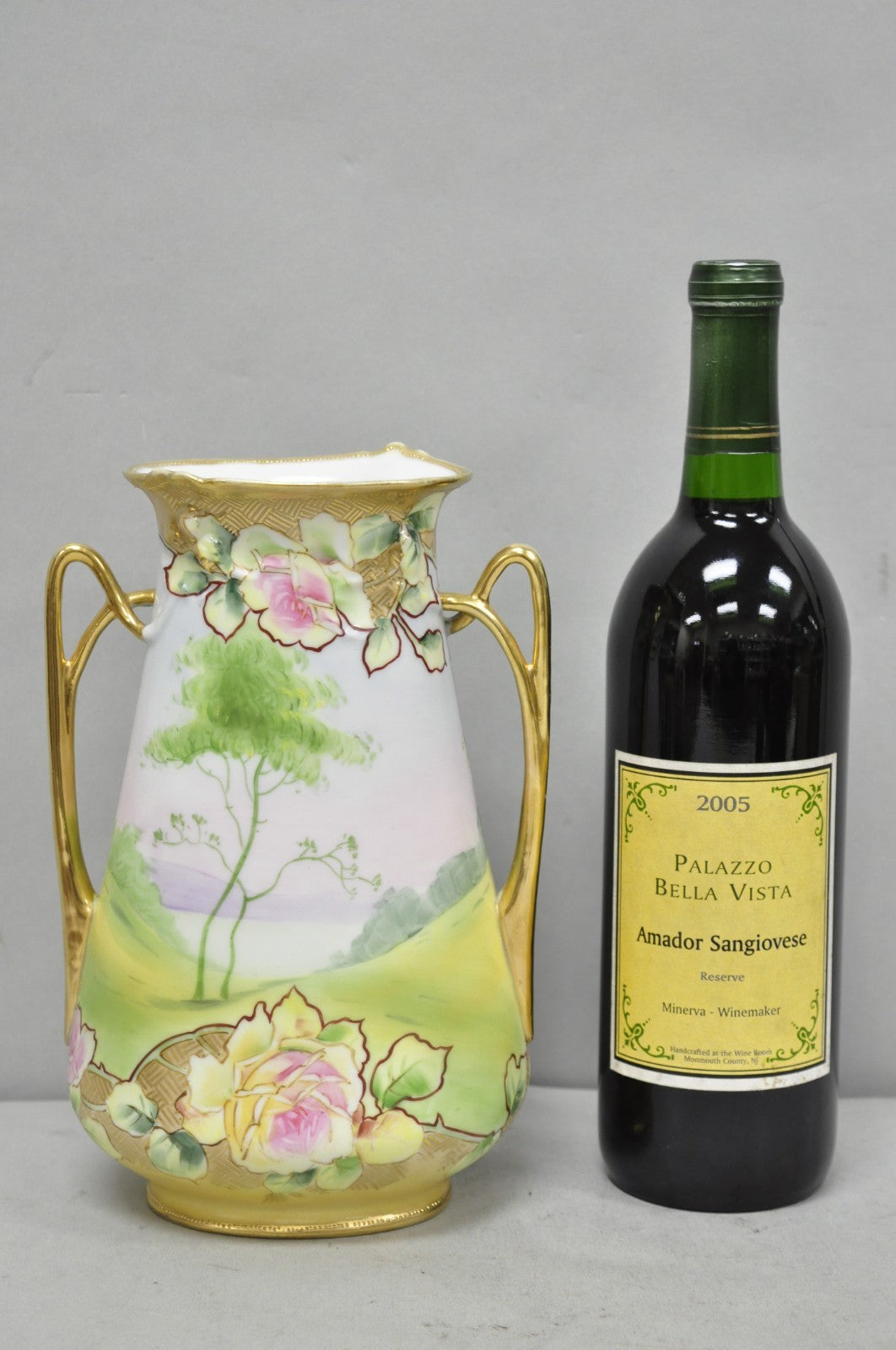 Antique Nippon Hand Painted Porcelain Twin Handle Vase w /Flowers & Lake Scene
