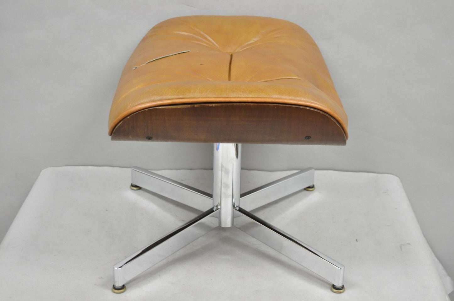 Vintage Selig Mid Century Modern Eames Style Chrome Walnut Footstool Ottoman