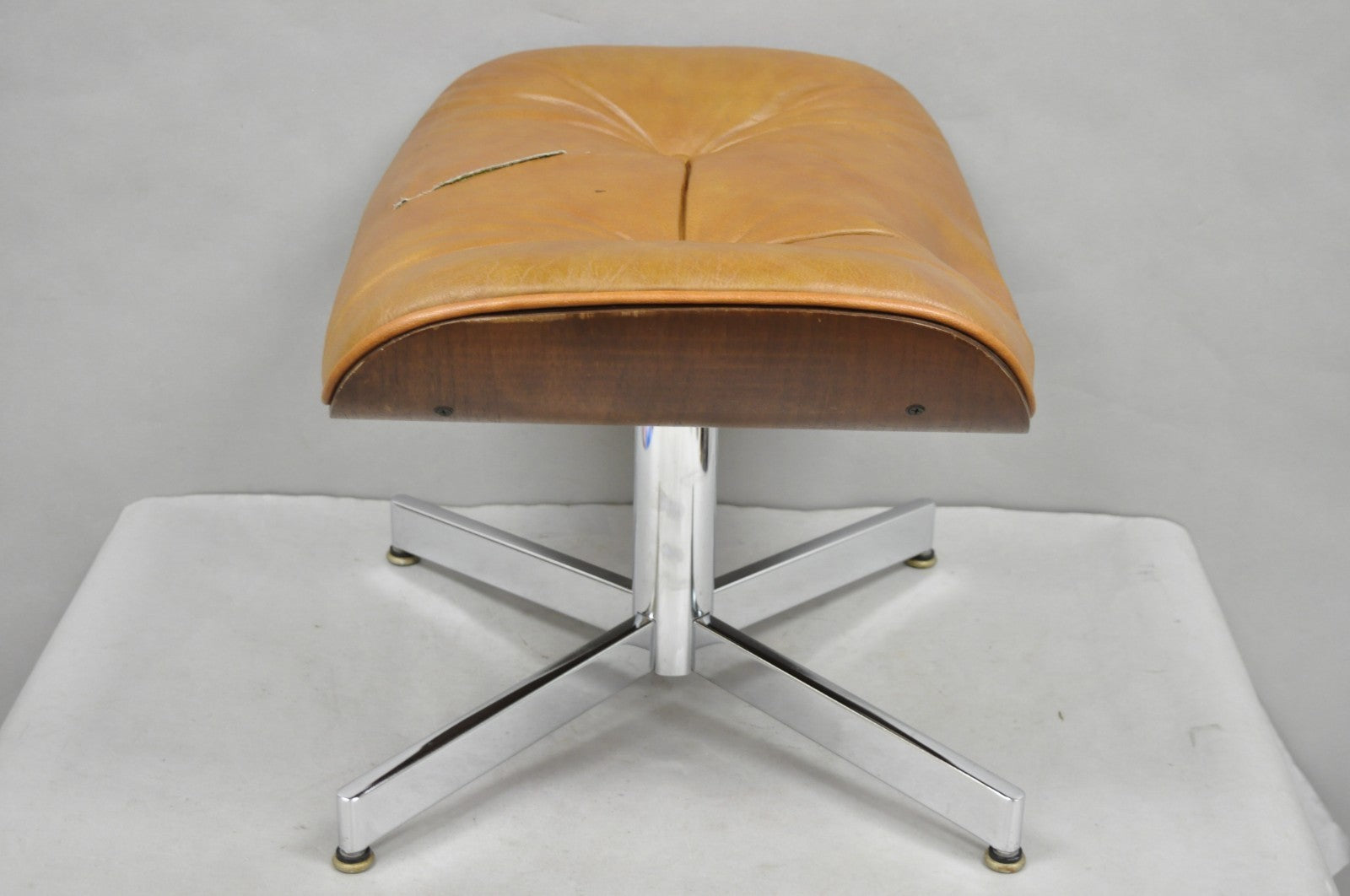 Vintage Selig Mid Century Modern Eames Style Chrome Walnut Footstool Ottoman