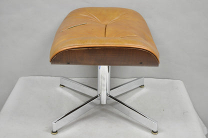 Vintage Selig Mid Century Modern Eames Style Chrome Walnut Footstool Ottoman