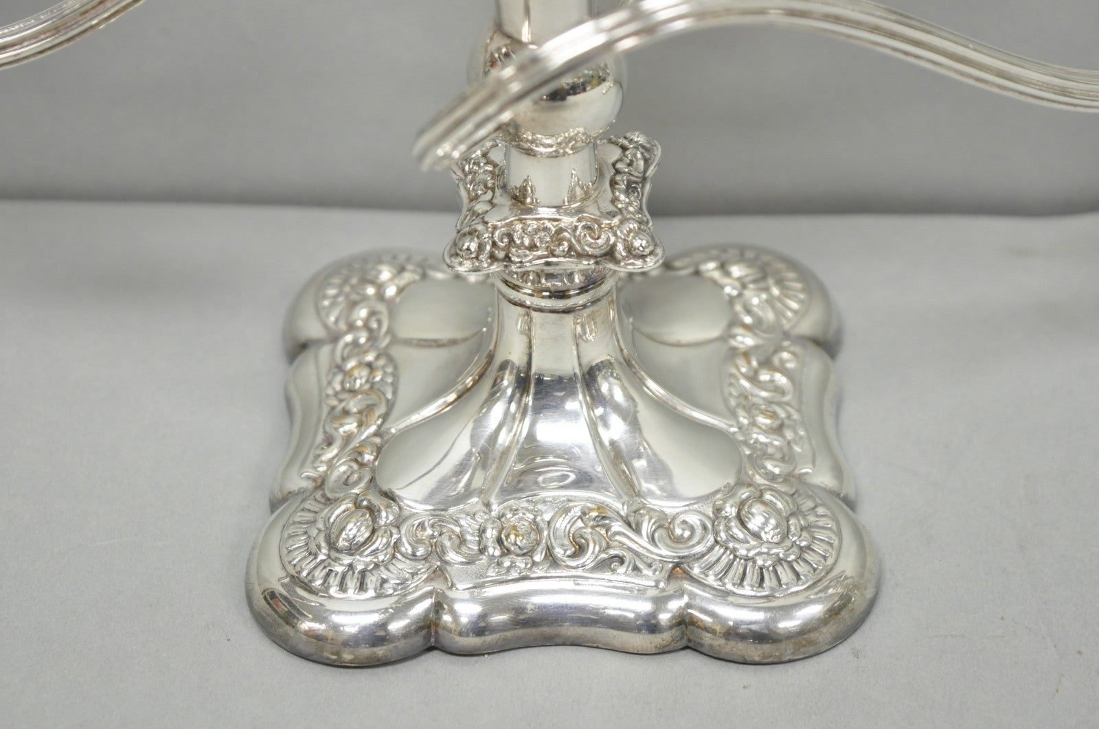Antique E.G. Webster Victorian Silver Plated Scrolling 3 Arm Candelabra - a Pair