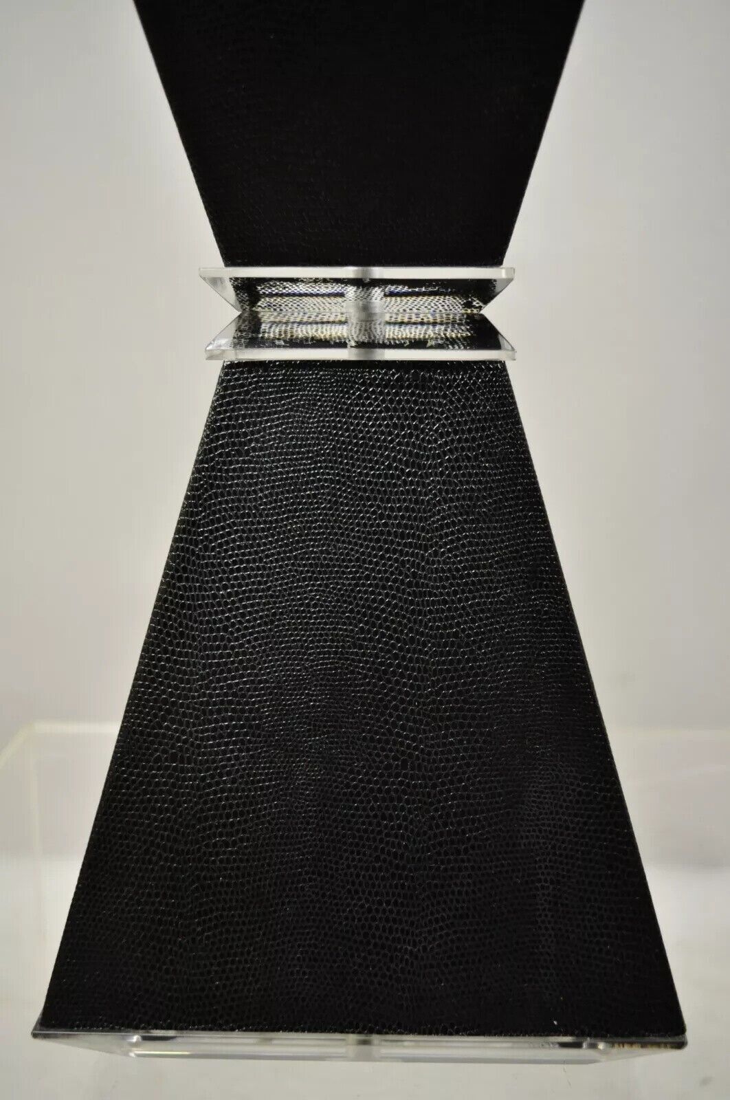 Vintage Mid Century Modern Lucite Hourglass Black Faux Sharkskin Table Lamp