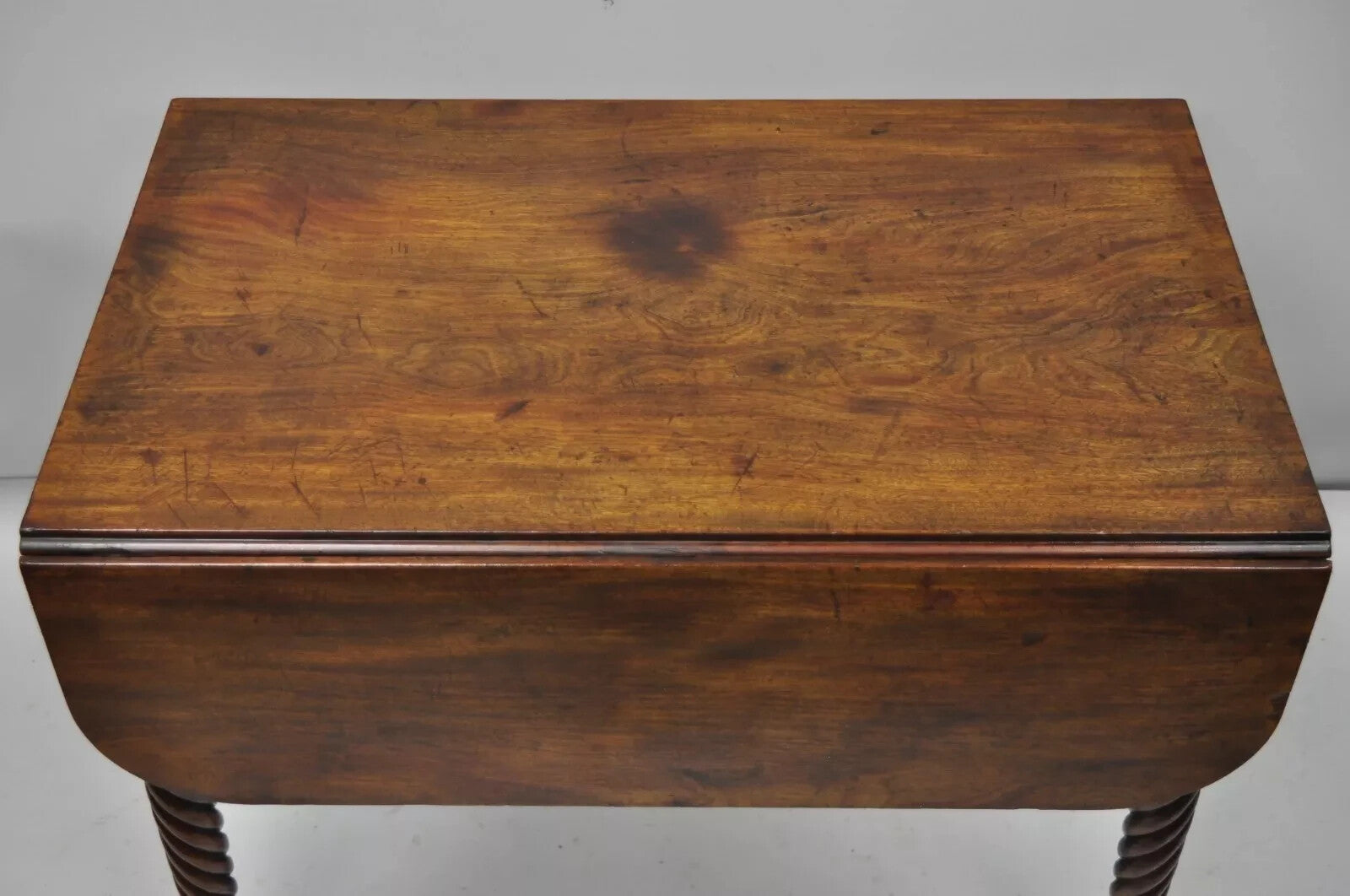 Antique 19th C. Sheraton Mahogany Turn Carved Spiral Leg Drop Leaf Dining Table
