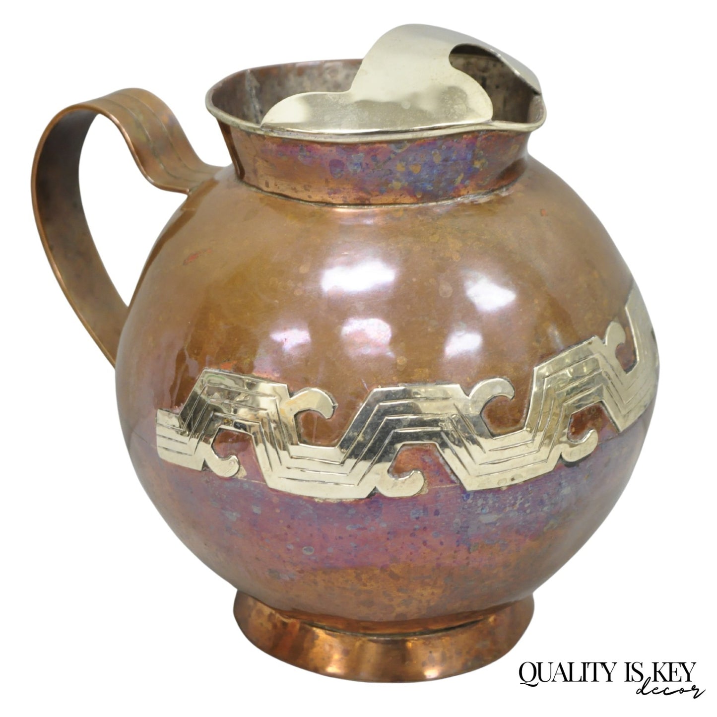 Vintage Artesanias Taxco Mexico Primitive Water Pitcher Silver Mounted Copper