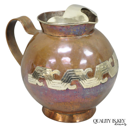 Vintage Artesanias Taxco Mexico Primitive Water Pitcher Silver Mounted Copper