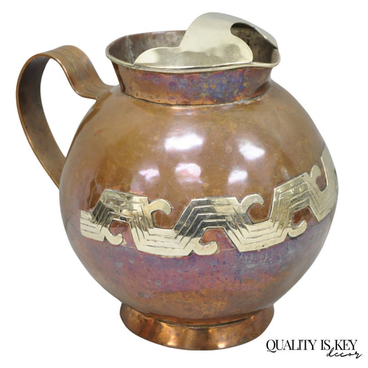 Vintage Artesanias Taxco Mexico Primitive Water Pitcher Silver Mounted Copper