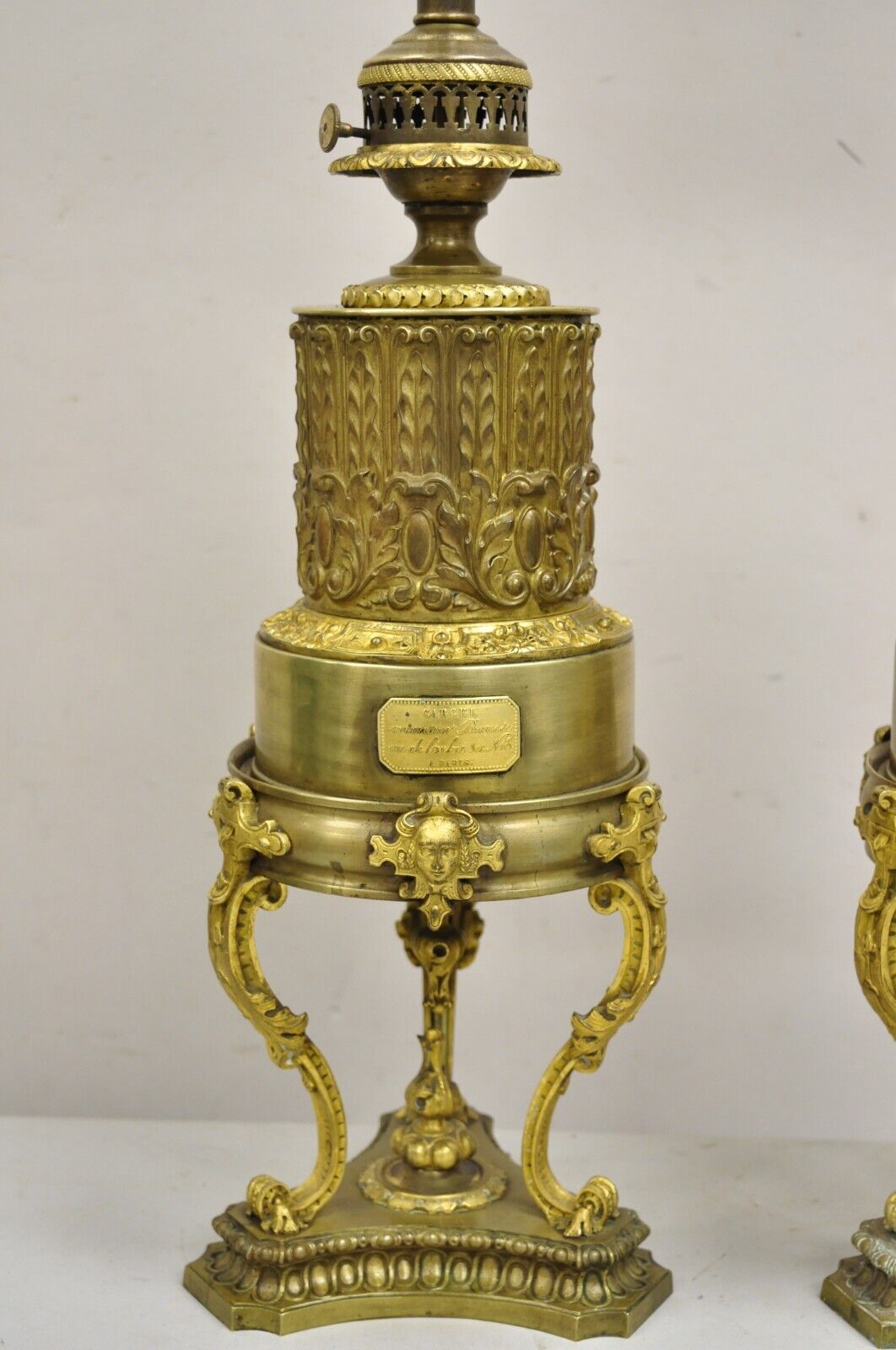 Antique Carcel Paris French Renaissance Gold Gilt Bronze Oil Table Lamp - a Pair