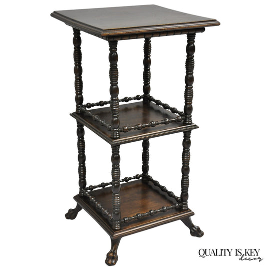 Antique American Empire Mahogany Carved Paw Foot 3 Tier Plant Stand Side Table