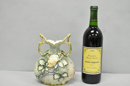 Antique Nippon Hand Painted Porcelain Twin Branch Handle Yellow Rose Small Vase
