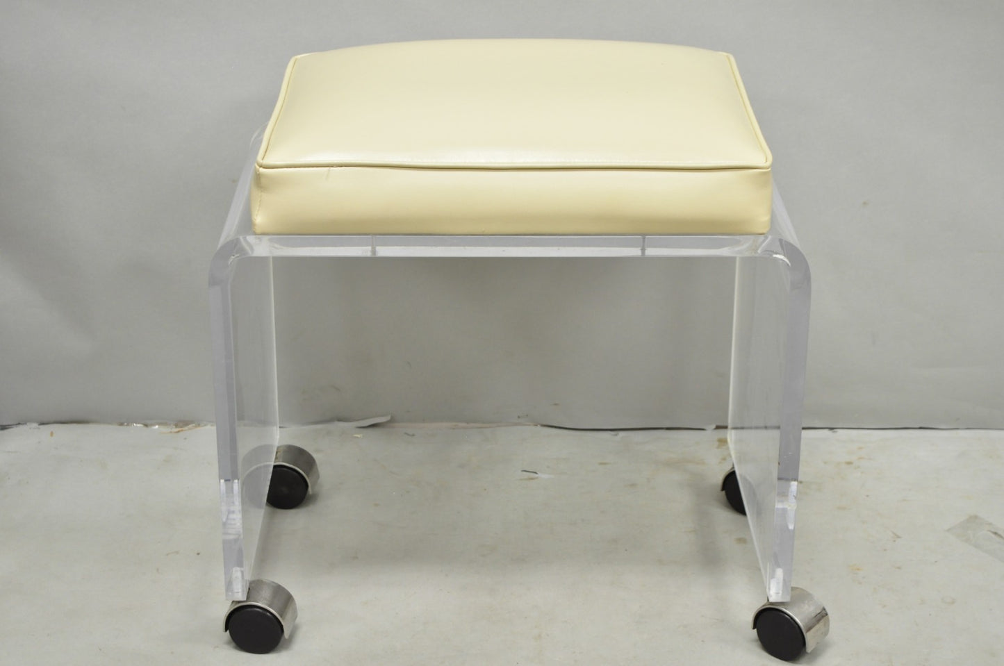 Vintage Mid Century Modern Clear Lucite Waterfall Vanity Bench Stool on Wheels