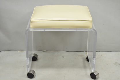 Vintage Mid Century Modern Clear Lucite Waterfall Vanity Bench Stool on Wheels