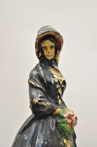 Antique Victorian Cast Iron Figural Colonial Woman Blue Dress Painted Door Stop