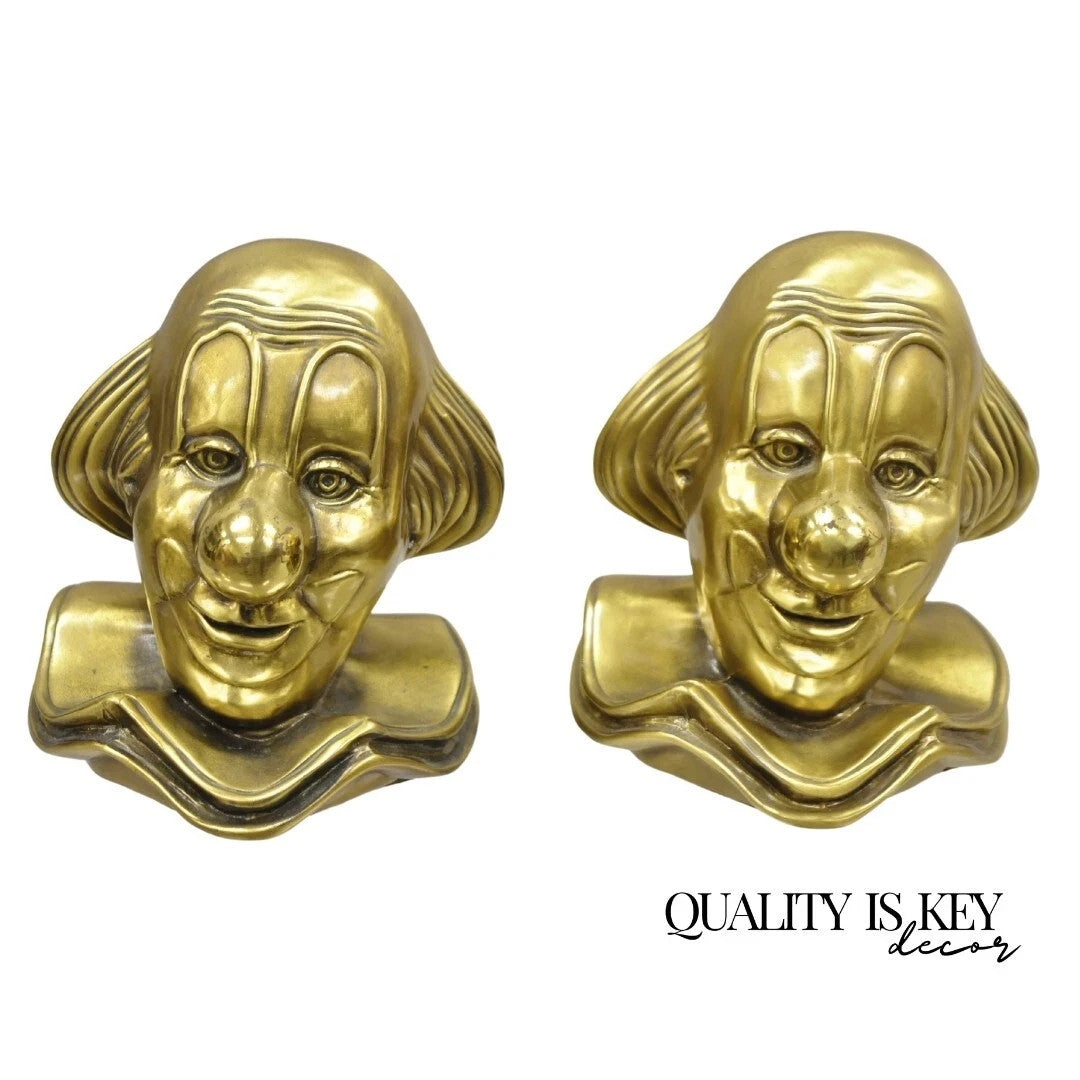 Vintage PM Craftsman Art Deco Brass Figural Clown Head Bookends - A Pair
