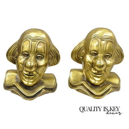 Vintage PM Craftsman Art Deco Brass Figural Clown Head Bookends - A Pair