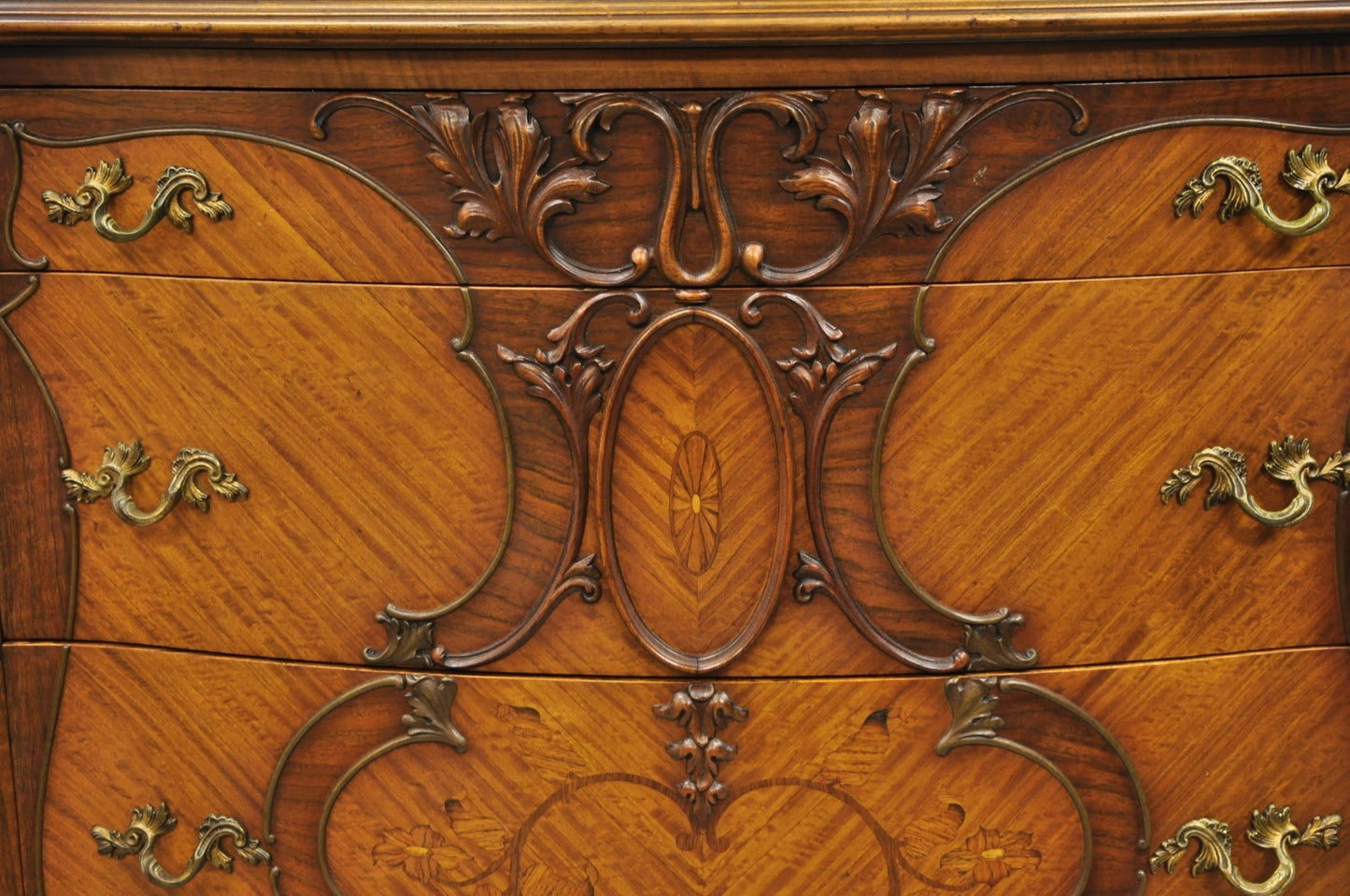 Antique French Louis XV Carved Walnut Satinwood Inlay Highboy Tall Chest Dresser
