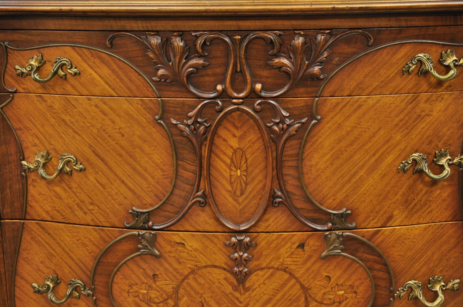 Antique French Louis XV Carved Walnut Satinwood Inlay Highboy Tall Chest Dresser
