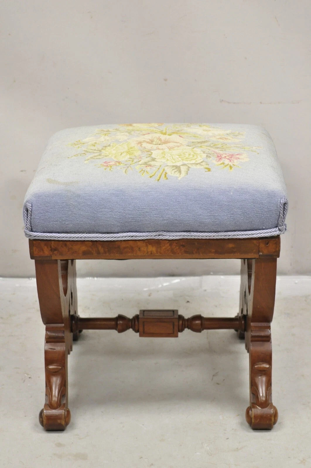 Antique Eastlake Victorian Burl Walnut Carved Curule Footstool Ottoman Stool