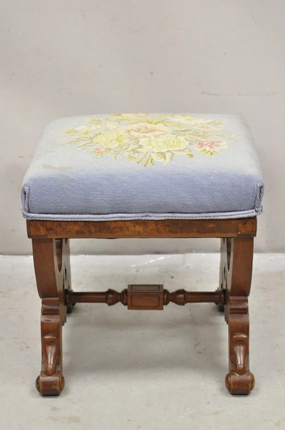 Antique Eastlake Victorian Burl Walnut Carved Curule Footstool Ottoman Stool