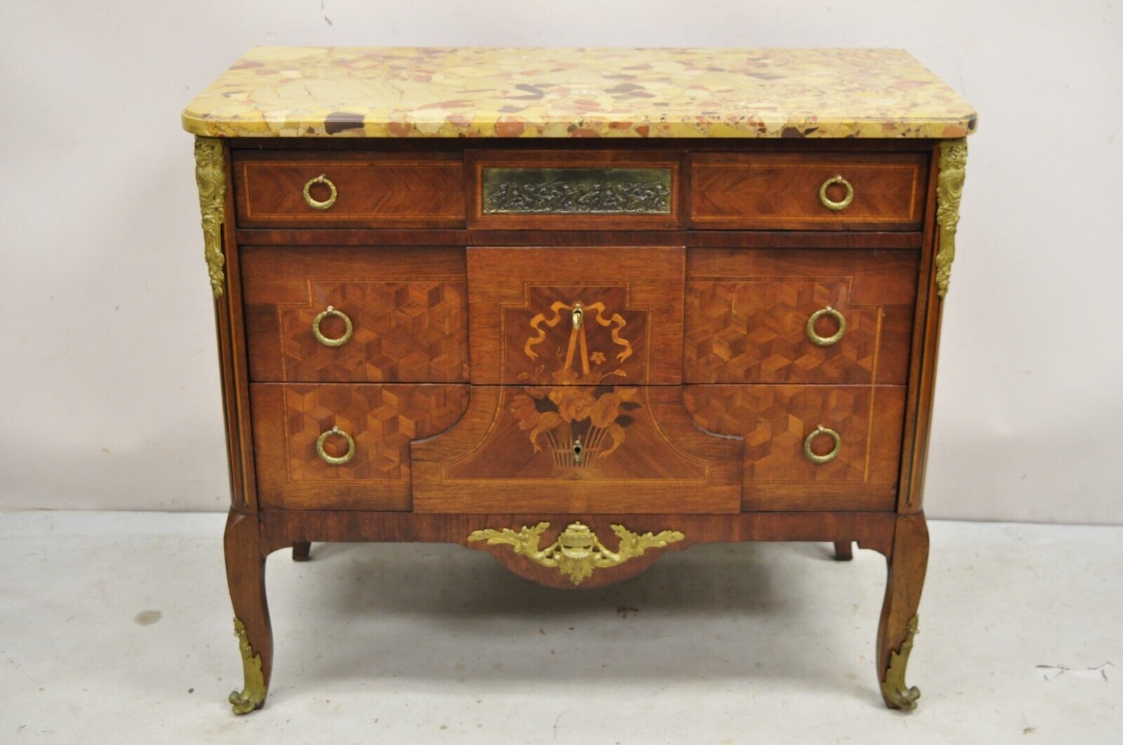 Antique French Louis XV Marquetry Inlay Marble Top Bronze Ormolu Commode Dresser