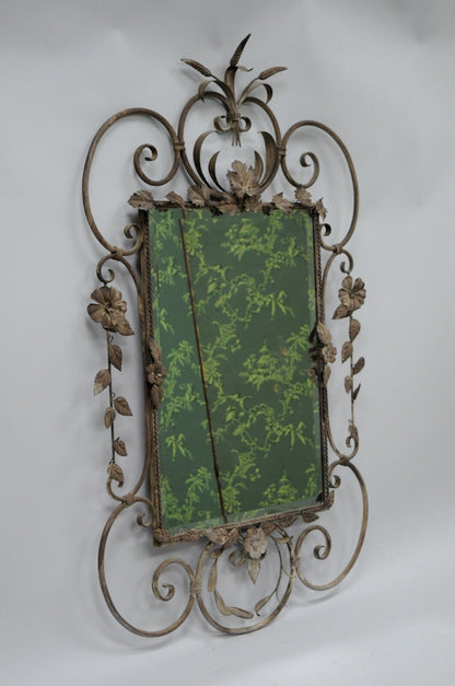 Italian Hollywood Regency Iron Tole Metal Wheat Sheaf Scroll Wall Mirror 50 x 31