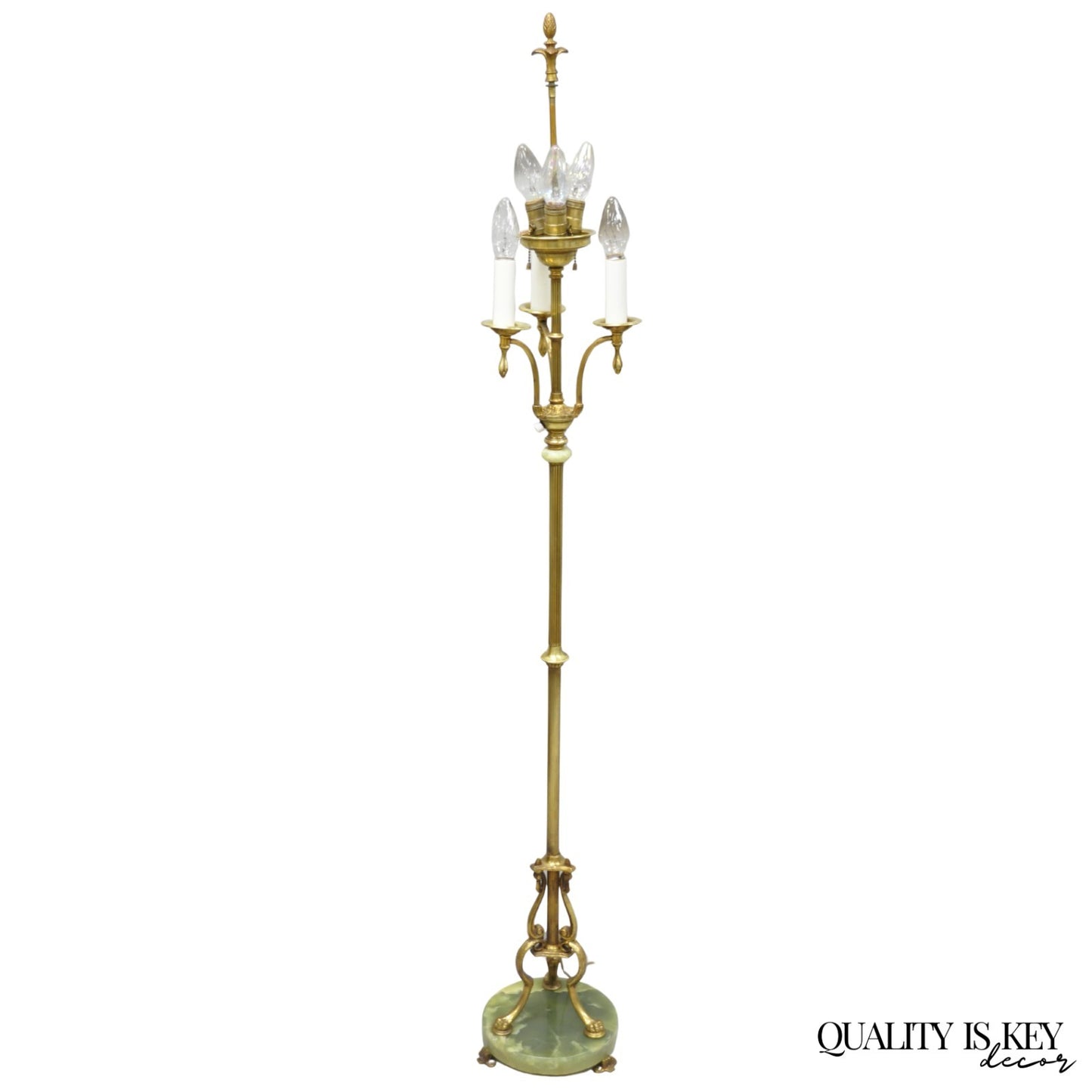 Antique Art Deco Brass & Green Onyx Paw Foot Victorian Pole Floor Lamp