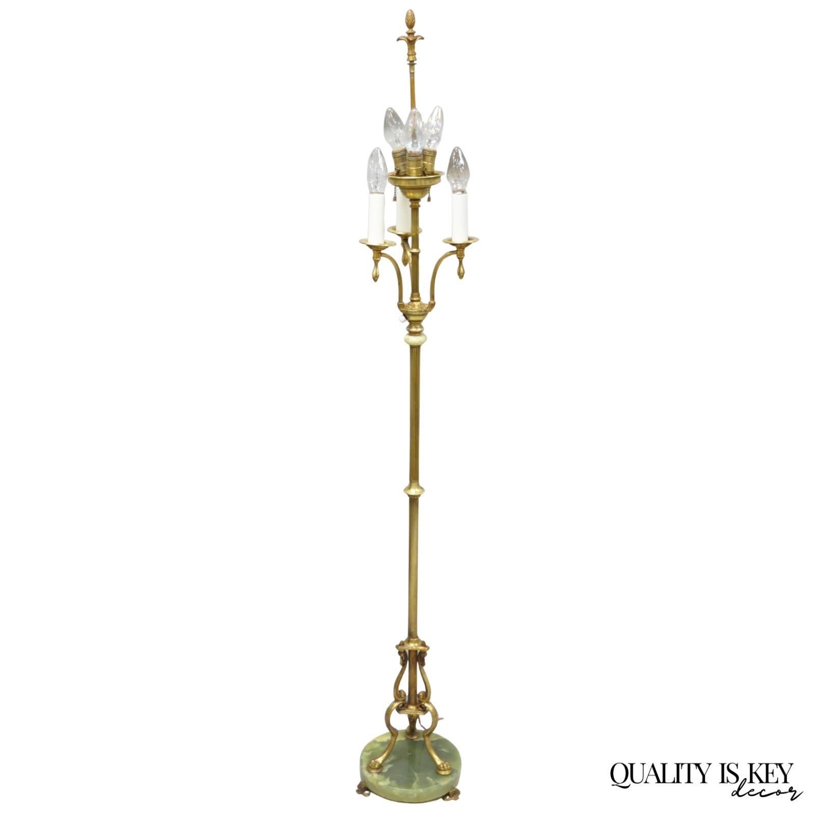 Antique Art Deco Brass & Green Onyx Paw Foot Victorian Pole Floor Lamp