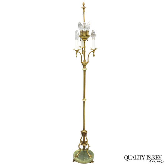 Antique Art Deco Brass & Green Onyx Paw Foot Victorian Pole Floor Lamp