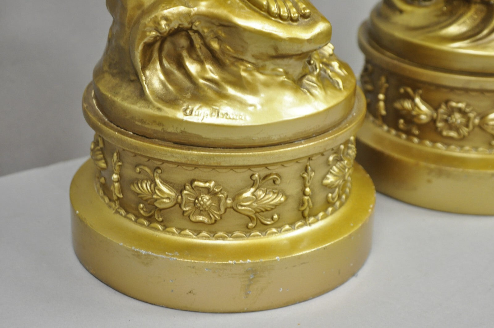 Antique L&F Moreau French Renaissance Gold Paint Metal Figural Table Lamps Pair