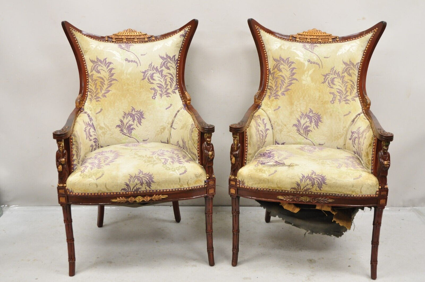 Vintage Chinoiserie Pagoda Figural Mahogany Fireside Parlor Lounge Chairs - Pair
