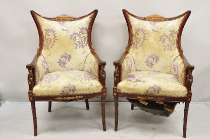 Vintage Chinoiserie Pagoda Figural Mahogany Fireside Parlor Lounge Chairs - Pair