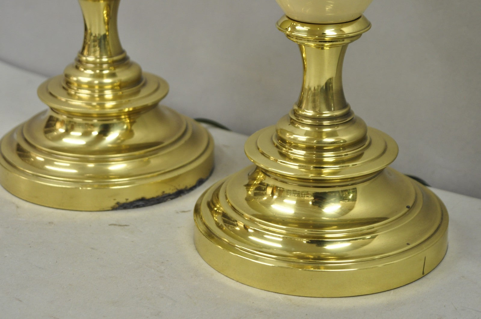 Vintage Stiffel Hollywood Regency Cream Enamel Brass Urn Table Lamps - a Pair