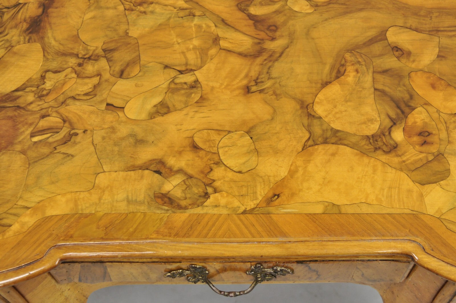 Vintage Italian Rococo French Country Burl Wood Olive Wood Inlay Writing Desk