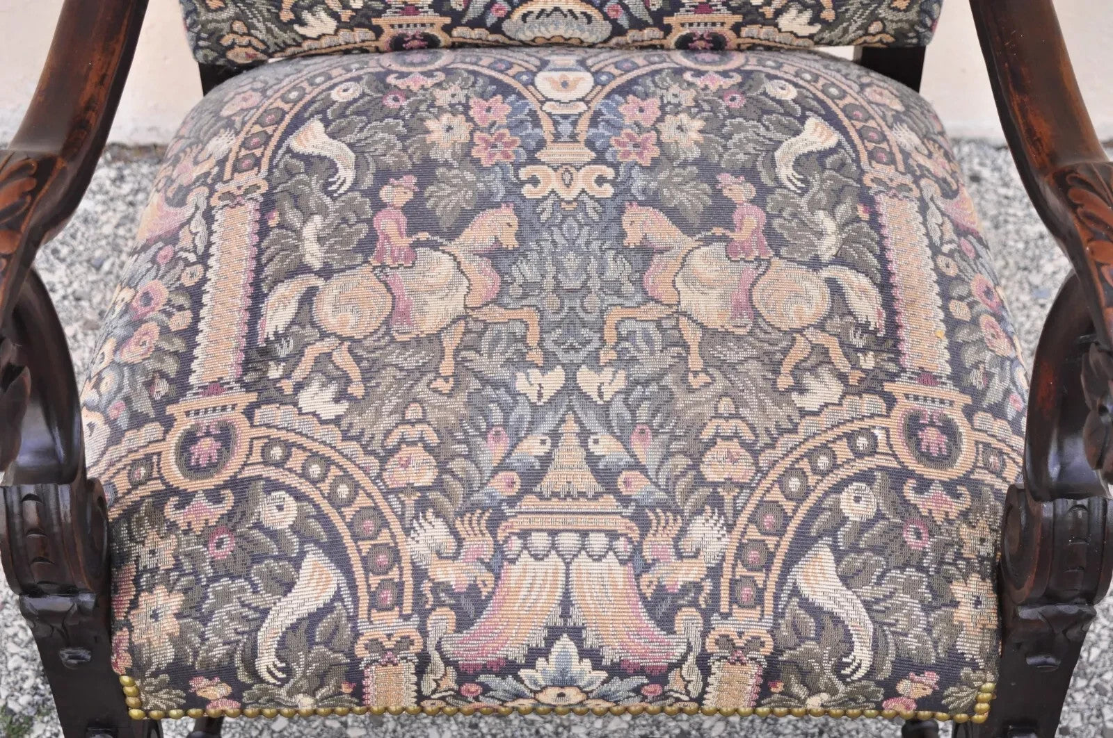 Antique Italian Renaissance Baroque Tapestry Carved Walnut Throne Arm Chair
