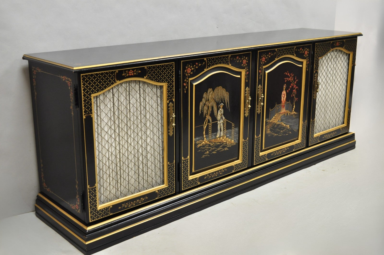Habersham Chinoiserie Black Lacquer Credenza Buffet Media Entertainment Cabinet